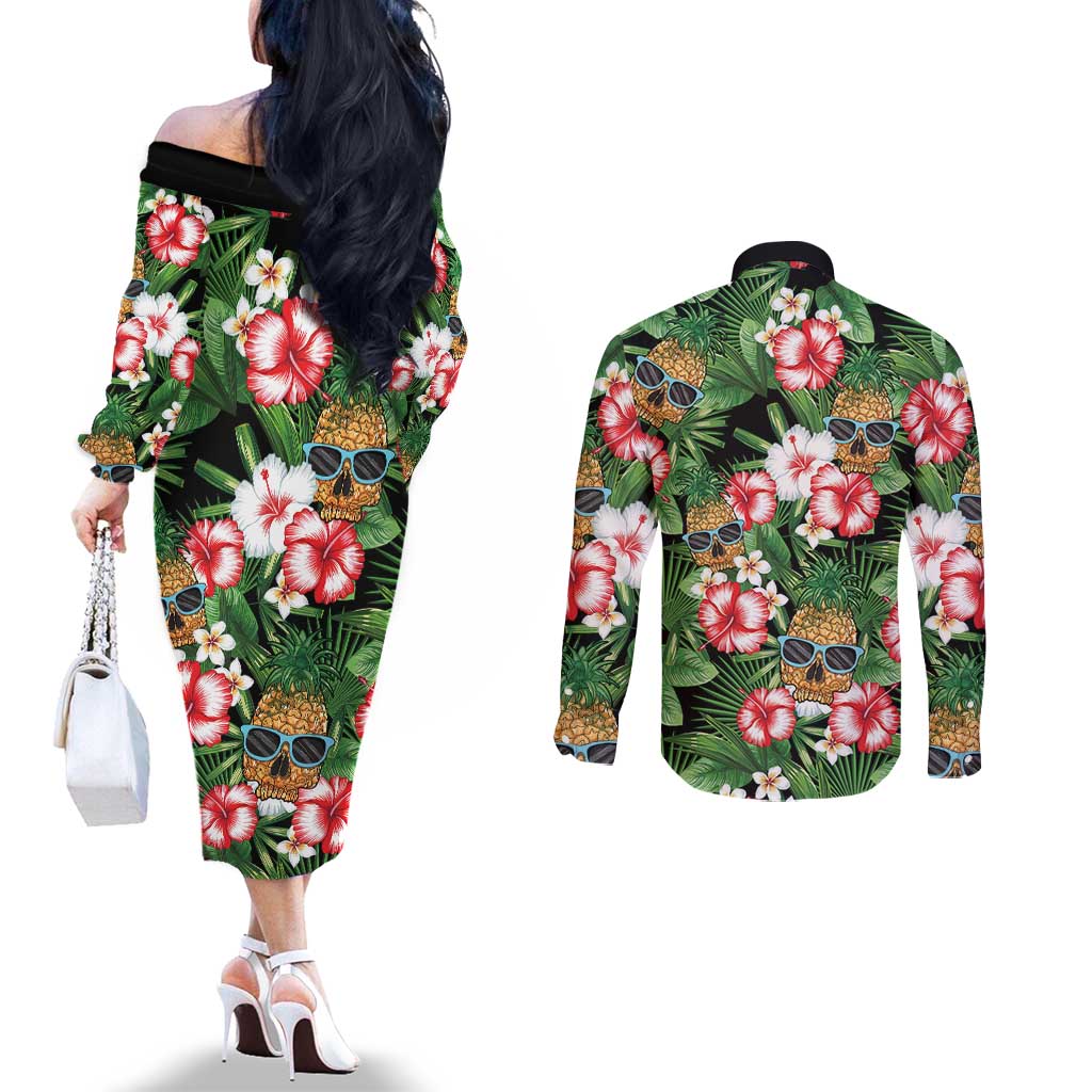 Pineapple Skull Aloha Hawaii Couples Matching Off The Shoulder Long Sleeve Dress and Long Sleeve Button Shirt Summer Vibes Tropical Seamless Pattern - Polynesian Pride