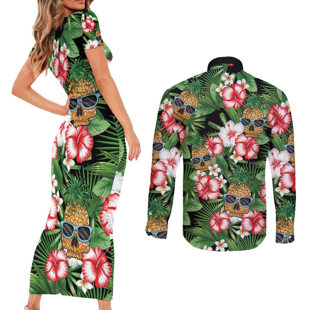 Pineapple Skull Aloha Hawaii Couples Matching Short Sleeve Bodycon Dress and Long Sleeve Button Shirt Summer Vibes Tropical Seamless Pattern - Polynesian Pride