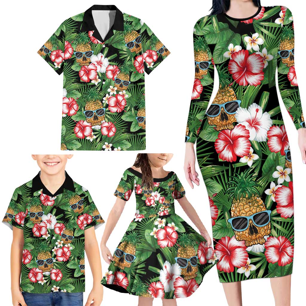 Pineapple Skull Aloha Hawaii Family Matching Long Sleeve Bodycon Dress and Hawaiian Shirt Summer Vibes Tropical Seamless Pattern LT14 - Polynesian Pride