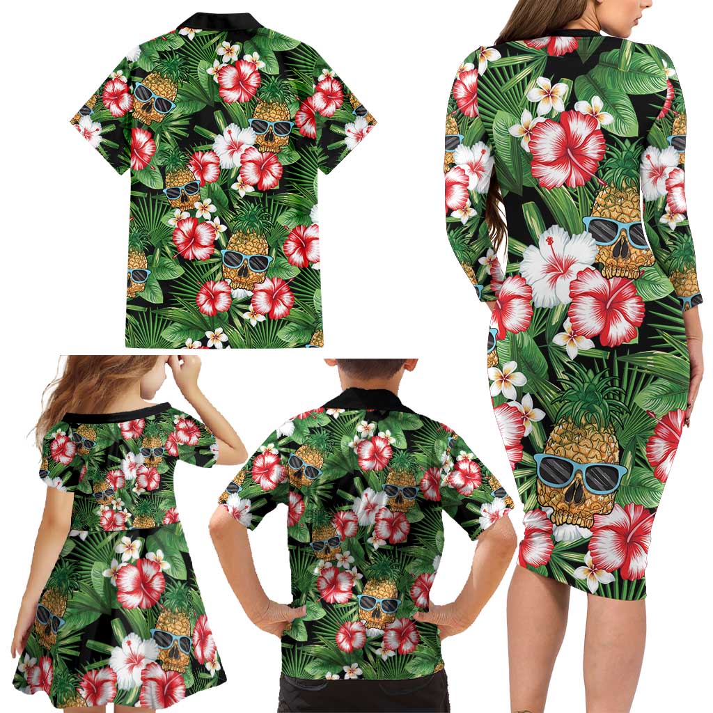 Pineapple Skull Aloha Hawaii Family Matching Long Sleeve Bodycon Dress and Hawaiian Shirt Summer Vibes Tropical Seamless Pattern LT14 - Polynesian Pride