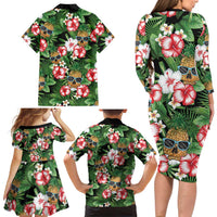 Pineapple Skull Aloha Hawaii Family Matching Long Sleeve Bodycon Dress and Hawaiian Shirt Summer Vibes Tropical Seamless Pattern LT14 - Polynesian Pride