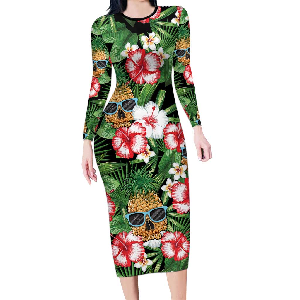 Pineapple Skull Aloha Hawaii Family Matching Long Sleeve Bodycon Dress and Hawaiian Shirt Summer Vibes Tropical Seamless Pattern LT14 Mom's Dress Black - Polynesian Pride