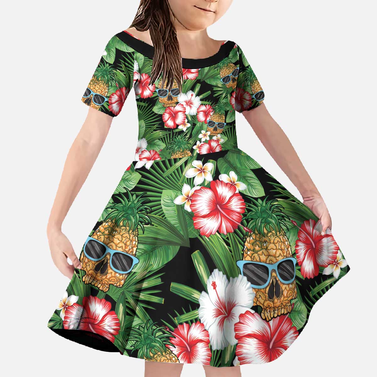 Pineapple Skull Aloha Hawaii Family Matching Off The Shoulder Long Sleeve Dress and Hawaiian Shirt Summer Vibes Tropical Seamless Pattern LT14 Daughter's Dress Black - Polynesian Pride