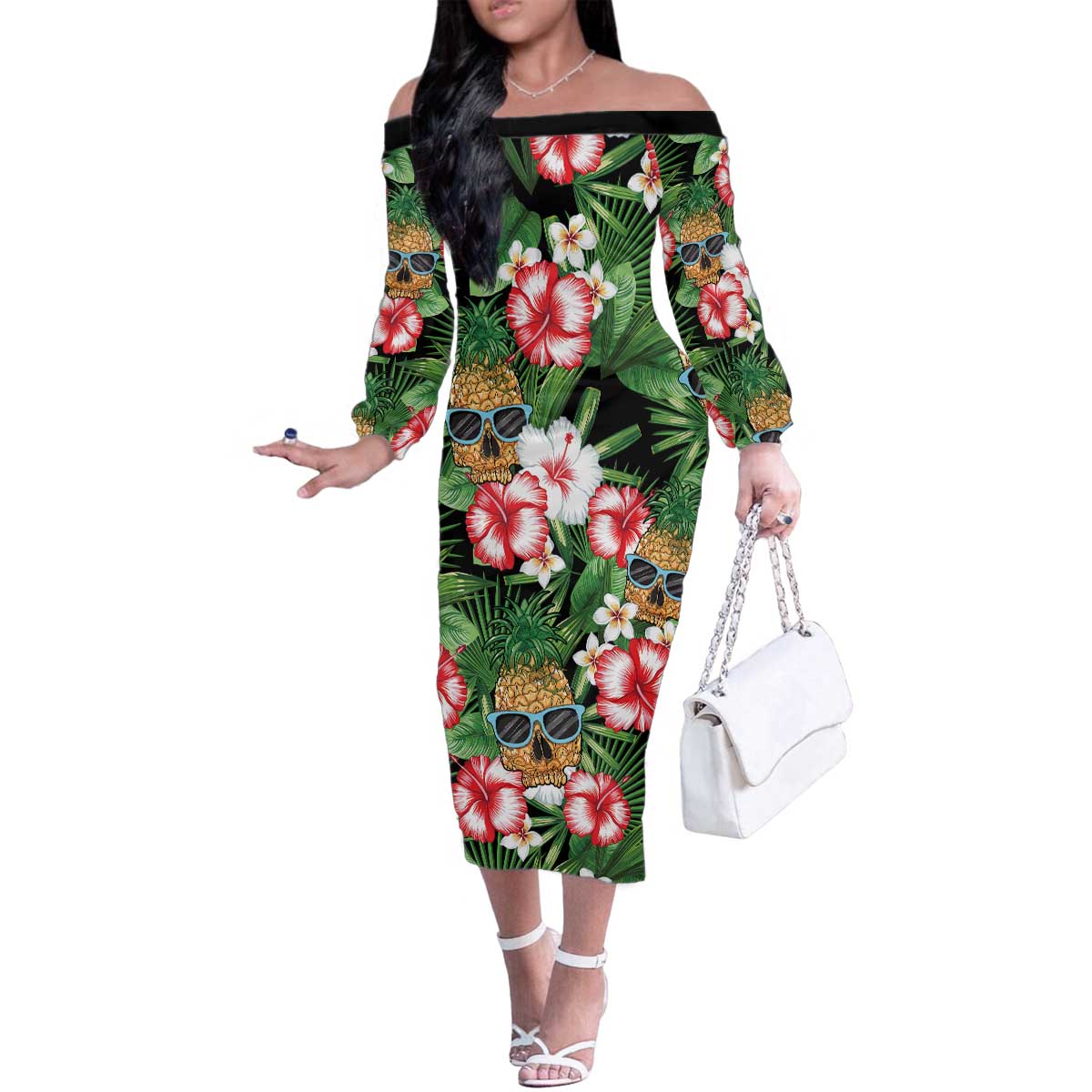 Pineapple Skull Aloha Hawaii Family Matching Off The Shoulder Long Sleeve Dress and Hawaiian Shirt Summer Vibes Tropical Seamless Pattern LT14 Mom's Dress Black - Polynesian Pride