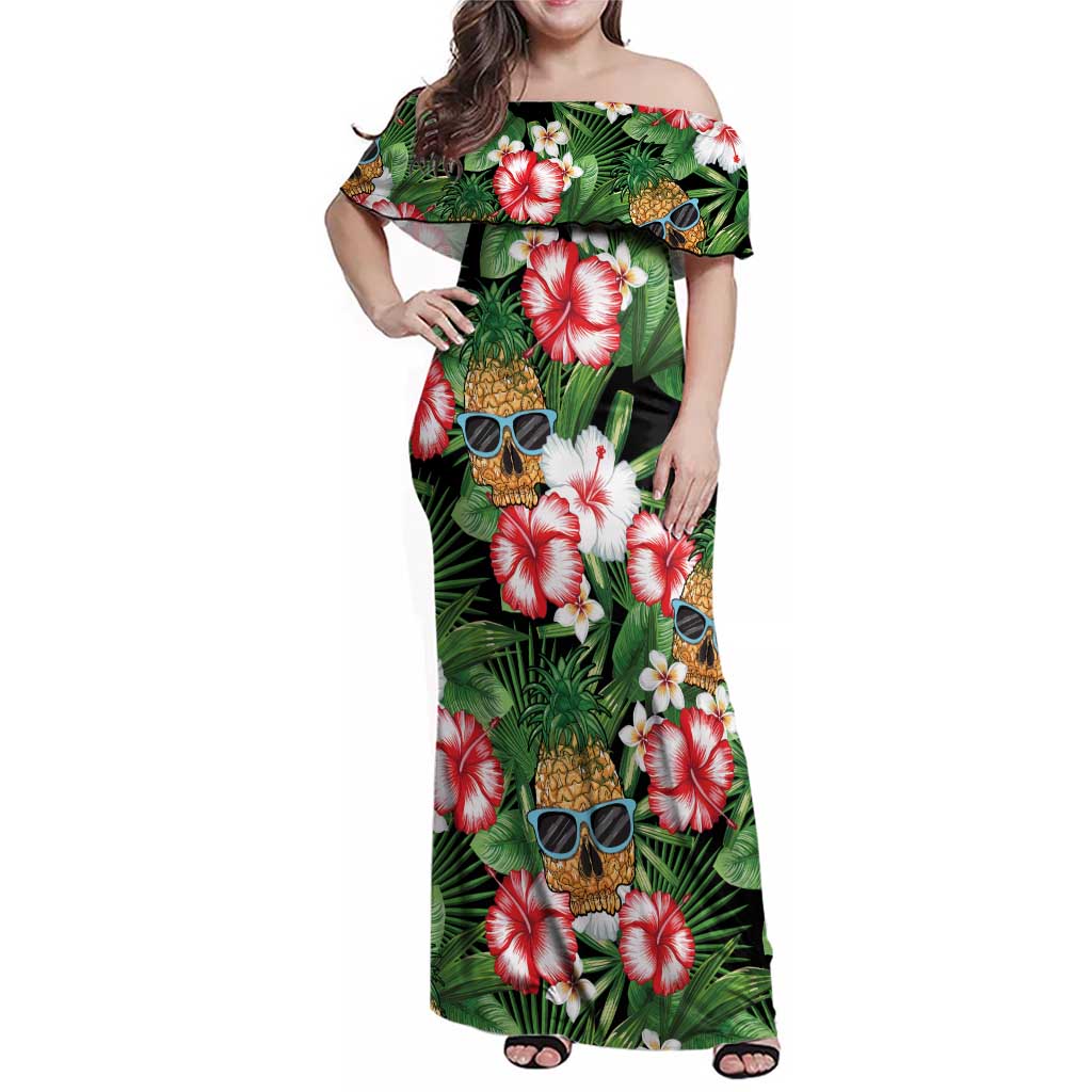Pineapple Skull Aloha Hawaii Family Matching Off Shoulder Maxi Dress and Hawaiian Shirt Summer Vibes Tropical Seamless Pattern LT14 Mom's Dress Black - Polynesian Pride