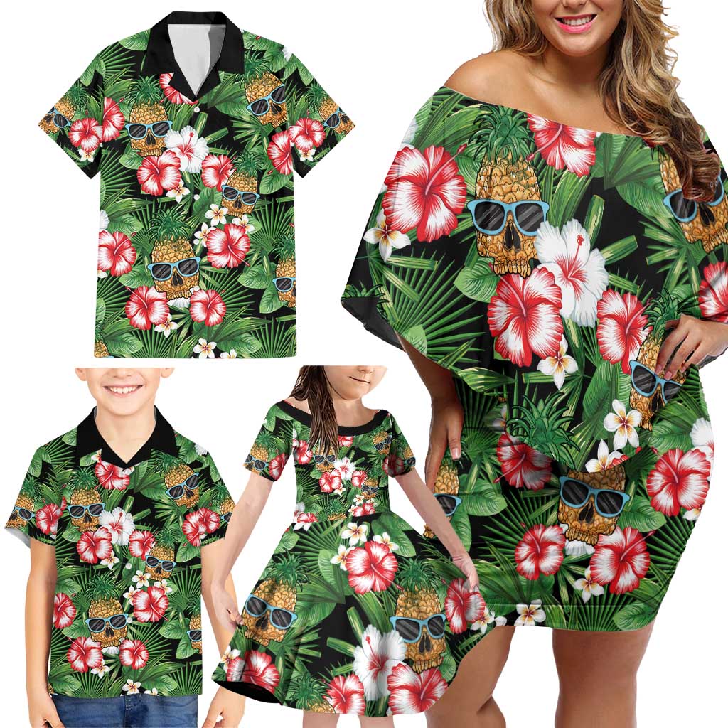 Pineapple Skull Aloha Hawaii Family Matching Off Shoulder Short Dress and Hawaiian Shirt Summer Vibes Tropical Seamless Pattern LT14 - Polynesian Pride