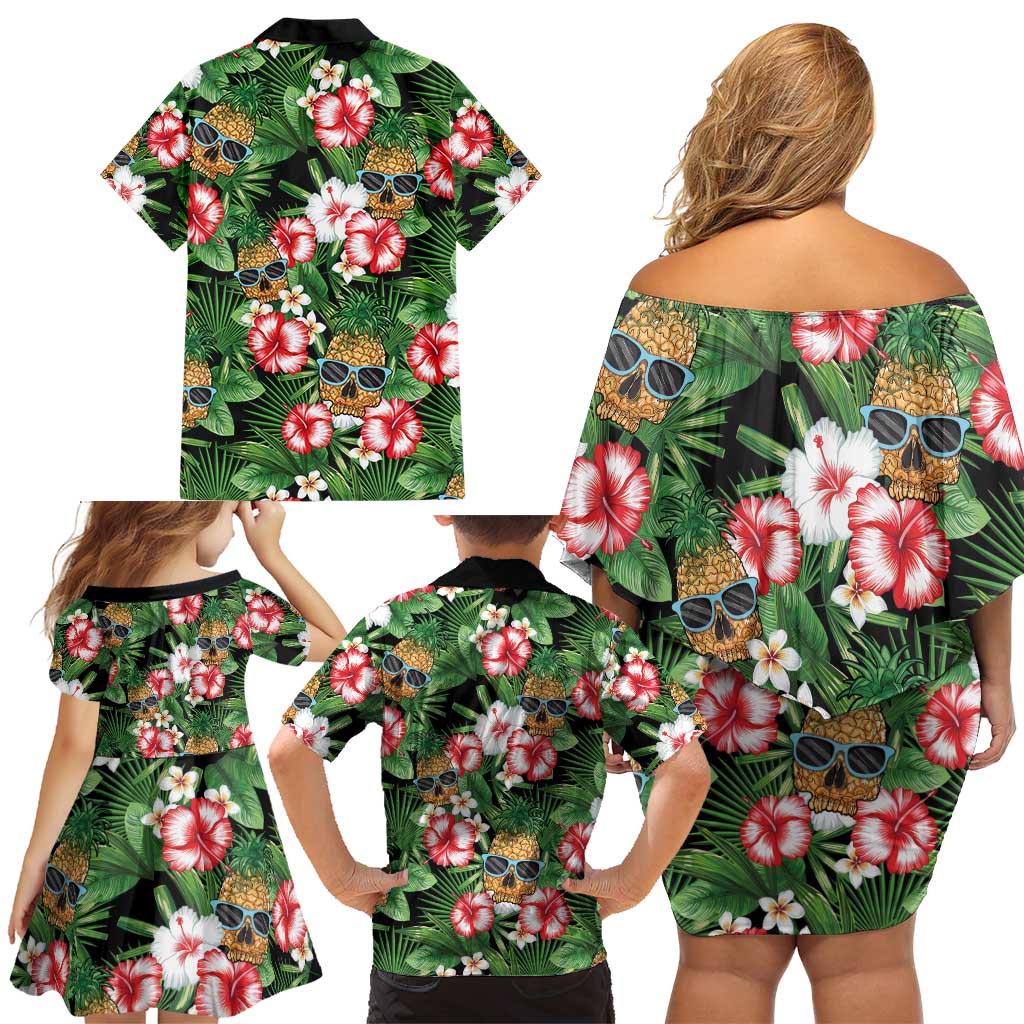 Pineapple Skull Aloha Hawaii Family Matching Off Shoulder Short Dress and Hawaiian Shirt Summer Vibes Tropical Seamless Pattern LT14 - Polynesian Pride