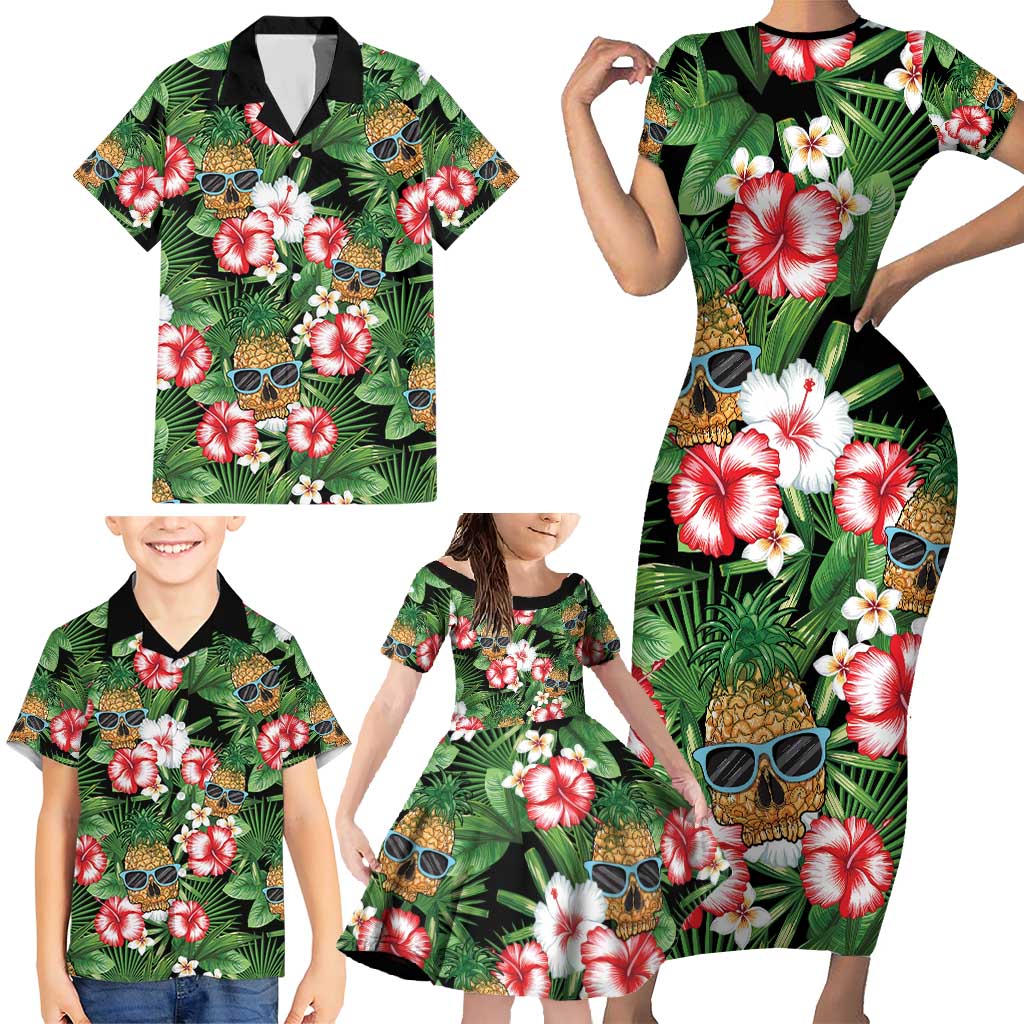 Pineapple Skull Aloha Hawaii Family Matching Short Sleeve Bodycon Dress and Hawaiian Shirt Summer Vibes Tropical Seamless Pattern LT14 - Polynesian Pride