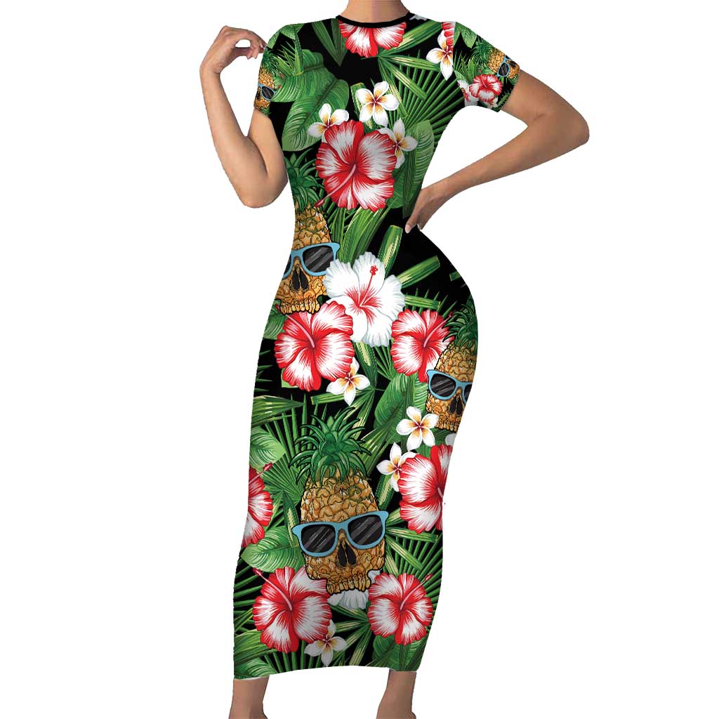 Pineapple Skull Aloha Hawaii Family Matching Short Sleeve Bodycon Dress and Hawaiian Shirt Summer Vibes Tropical Seamless Pattern LT14 Mom's Dress Black - Polynesian Pride