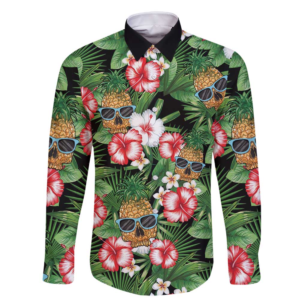Pineapple Skull Aloha Hawaii Family Matching Summer Maxi Dress and Hawaiian Shirt Summer Vibes Tropical Seamless Pattern LT14 Dad's Shirt - Long Sleeve Black - Polynesian Pride