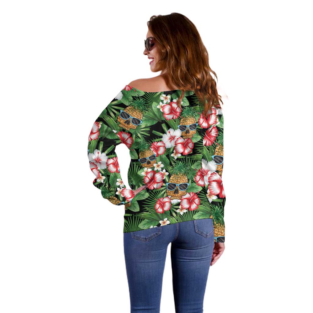 Pineapple Skull Aloha Hawaii Off Shoulder Sweater Summer Vibes Tropical Seamless Pattern - Polynesian Pride