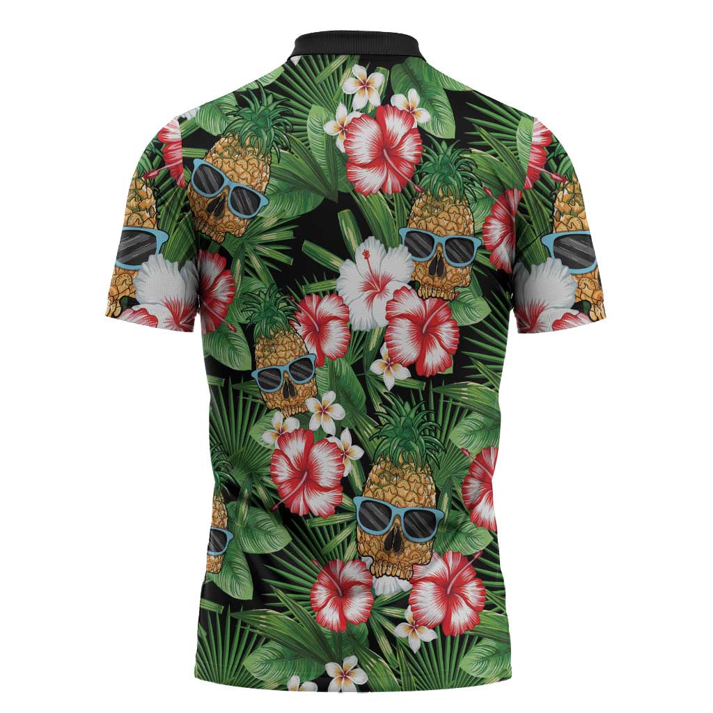 Pineapple Skull Aloha Hawaii Zipper Polo Shirt Summer Vibes Tropical Seamless Pattern - Polynesian Pride