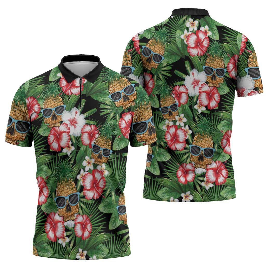 Pineapple Skull Aloha Hawaii Zipper Polo Shirt Summer Vibes Tropical Seamless Pattern - Polynesian Pride