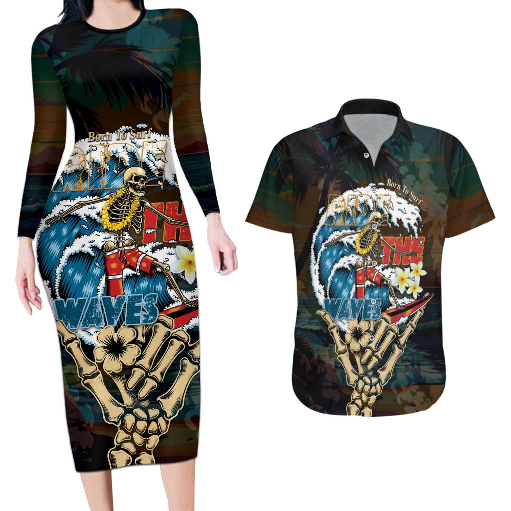 Aloha Hawaii Surfing Skull Couples Matching Long Sleeve Bodycon Dress and Hawaiian Shirt Shaka Skeleton Ride The Waves - Polynesian Pride
