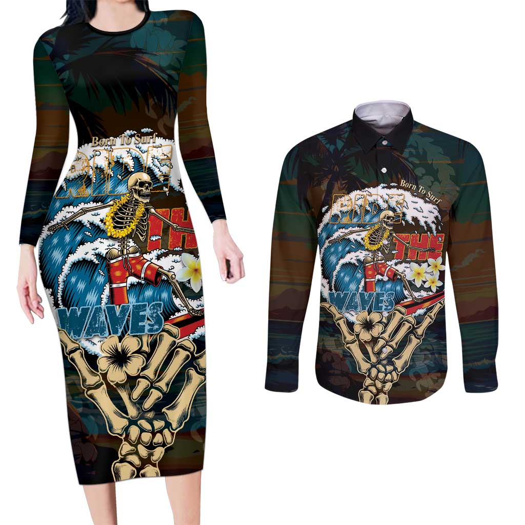 Aloha Hawaii Surfing Skull Couples Matching Long Sleeve Bodycon Dress and Long Sleeve Button Shirt Shaka Skeleton Ride The Waves LT14 Black - Polynesian Pride