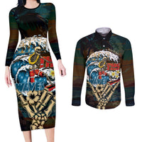 Aloha Hawaii Surfing Skull Couples Matching Long Sleeve Bodycon Dress and Long Sleeve Button Shirt Shaka Skeleton Ride The Waves LT14 Black - Polynesian Pride