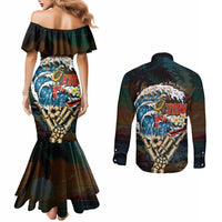 Aloha Hawaii Surfing Skull Couples Matching Mermaid Dress and Long Sleeve Button Shirt Shaka Skeleton Ride The Waves LT14 - Polynesian Pride