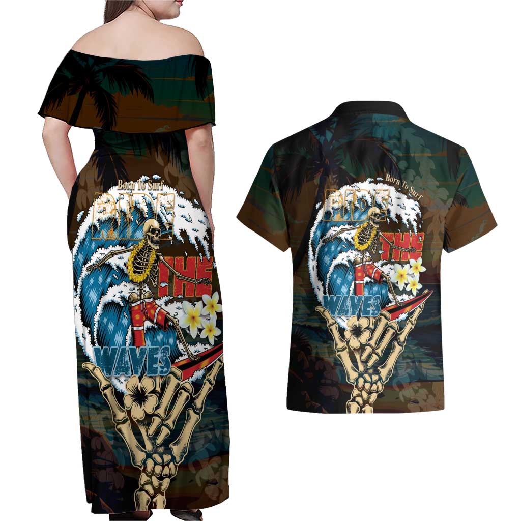 Aloha Hawaii Surfing Skull Couples Matching Off Shoulder Maxi Dress and Hawaiian Shirt Shaka Skeleton Ride The Waves - Polynesian Pride