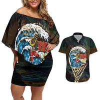 Aloha Hawaii Surfing Skull Couples Matching Off Shoulder Short Dress and Hawaiian Shirt Shaka Skeleton Ride The Waves - Polynesian Pride