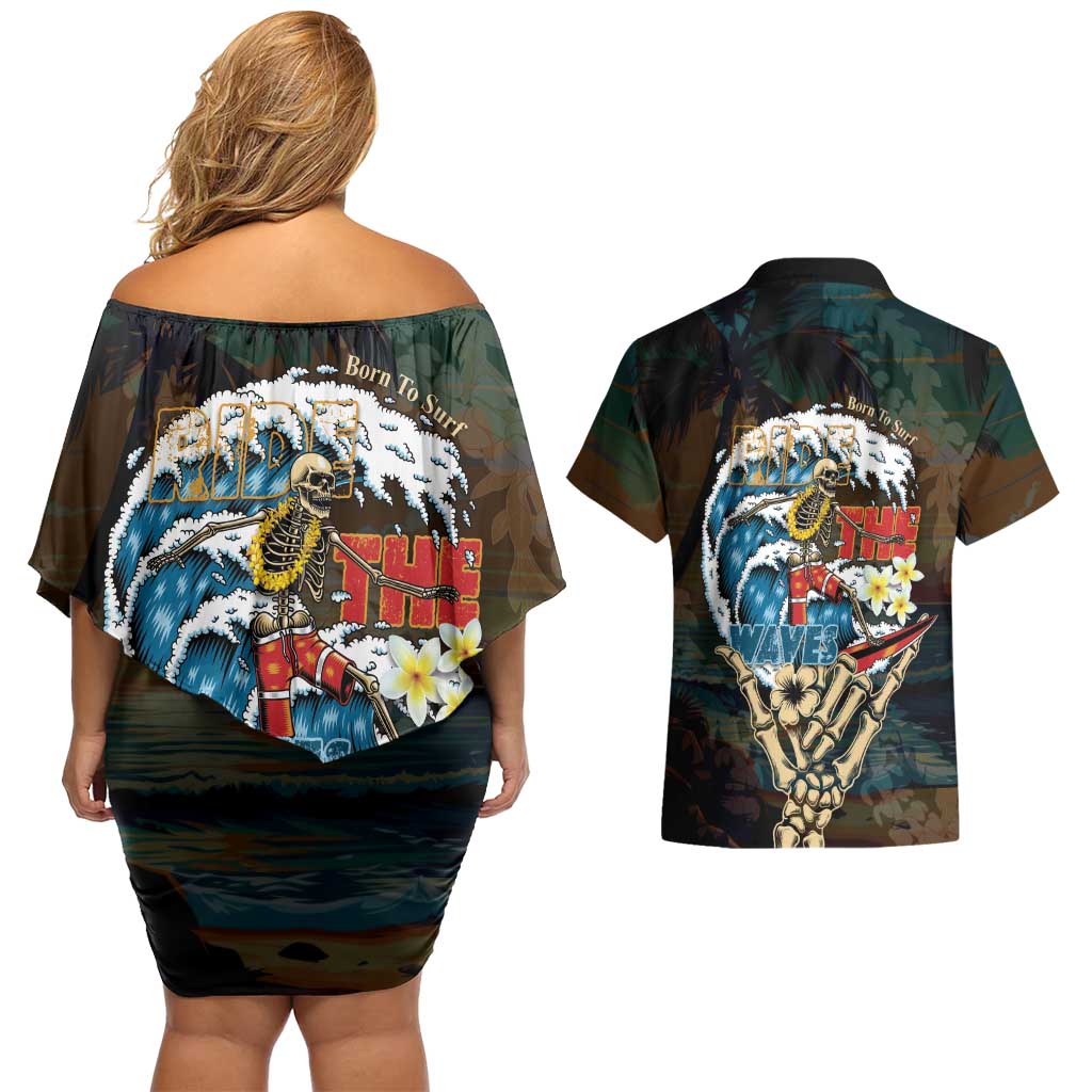 Aloha Hawaii Surfing Skull Couples Matching Off Shoulder Short Dress and Hawaiian Shirt Shaka Skeleton Ride The Waves - Polynesian Pride