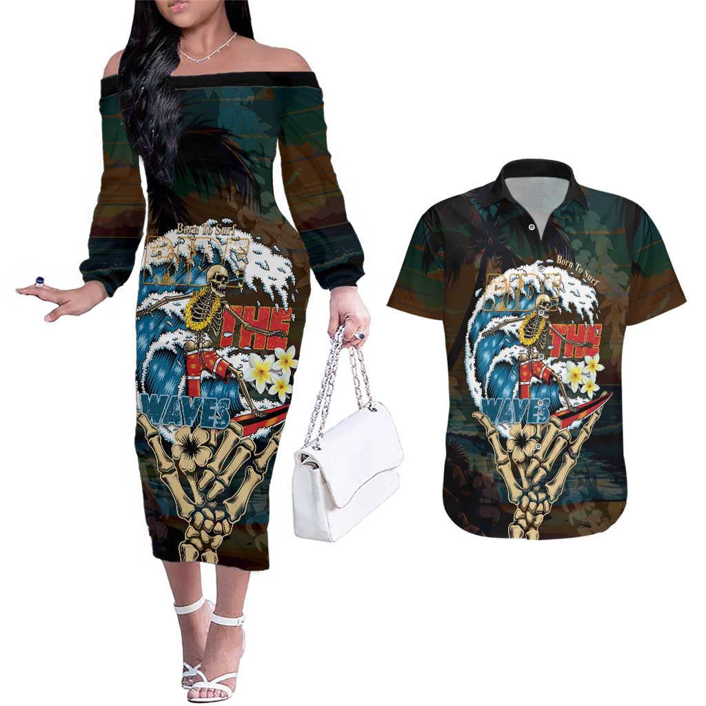 Aloha Hawaii Surfing Skull Couples Matching Off The Shoulder Long Sleeve Dress and Hawaiian Shirt Shaka Skeleton Ride The Waves LT14 Black - Polynesian Pride