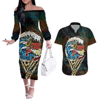 Aloha Hawaii Surfing Skull Couples Matching Off The Shoulder Long Sleeve Dress and Hawaiian Shirt Shaka Skeleton Ride The Waves LT14 Black - Polynesian Pride