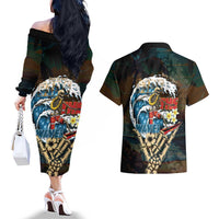 Aloha Hawaii Surfing Skull Couples Matching Off The Shoulder Long Sleeve Dress and Hawaiian Shirt Shaka Skeleton Ride The Waves LT14 - Polynesian Pride