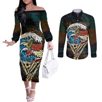 Aloha Hawaii Surfing Skull Couples Matching Off The Shoulder Long Sleeve Dress and Long Sleeve Button Shirt Shaka Skeleton Ride The Waves LT14 Black - Polynesian Pride