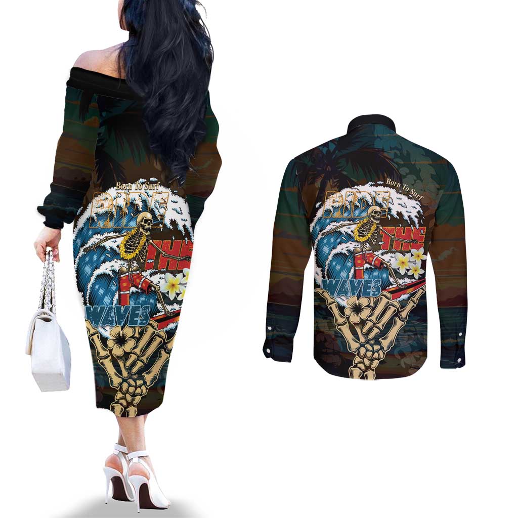 Aloha Hawaii Surfing Skull Couples Matching Off The Shoulder Long Sleeve Dress and Long Sleeve Button Shirt Shaka Skeleton Ride The Waves LT14 - Polynesian Pride