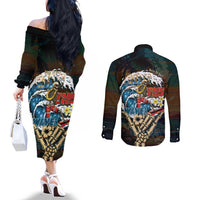 Aloha Hawaii Surfing Skull Couples Matching Off The Shoulder Long Sleeve Dress and Long Sleeve Button Shirt Shaka Skeleton Ride The Waves LT14 - Polynesian Pride