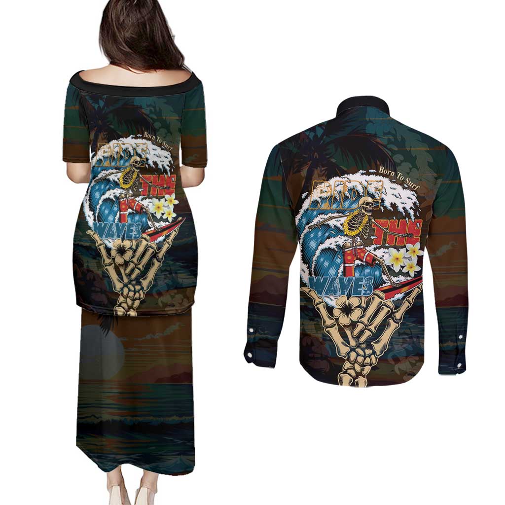 Aloha Hawaii Surfing Skull Couples Matching Puletasi and Long Sleeve Button Shirt Shaka Skeleton Ride The Waves - Polynesian Pride