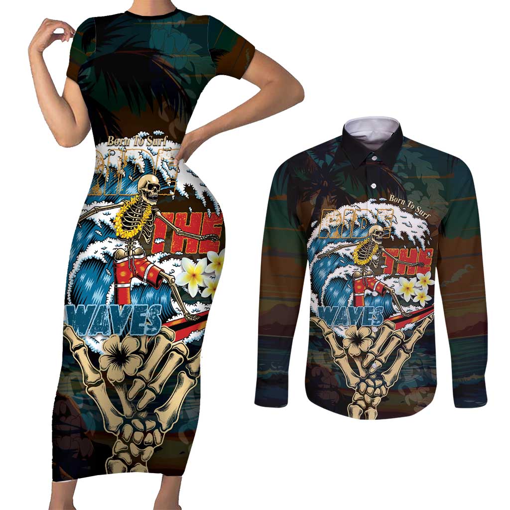 Aloha Hawaii Surfing Skull Couples Matching Short Sleeve Bodycon Dress and Long Sleeve Button Shirt Shaka Skeleton Ride The Waves LT14 Black - Polynesian Pride