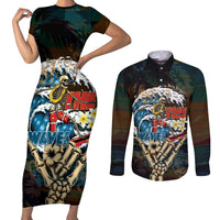 Aloha Hawaii Surfing Skull Couples Matching Short Sleeve Bodycon Dress and Long Sleeve Button Shirt Shaka Skeleton Ride The Waves LT14 Black - Polynesian Pride