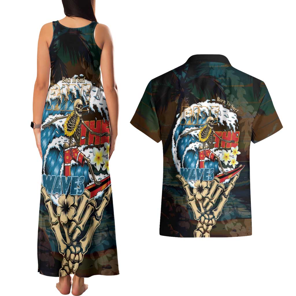 Aloha Hawaii Surfing Skull Couples Matching Tank Maxi Dress and Hawaiian Shirt Shaka Skeleton Ride The Waves - Polynesian Pride