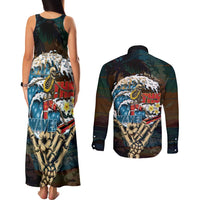 Aloha Hawaii Surfing Skull Couples Matching Tank Maxi Dress and Long Sleeve Button Shirt Shaka Skeleton Ride The Waves LT14 - Polynesian Pride