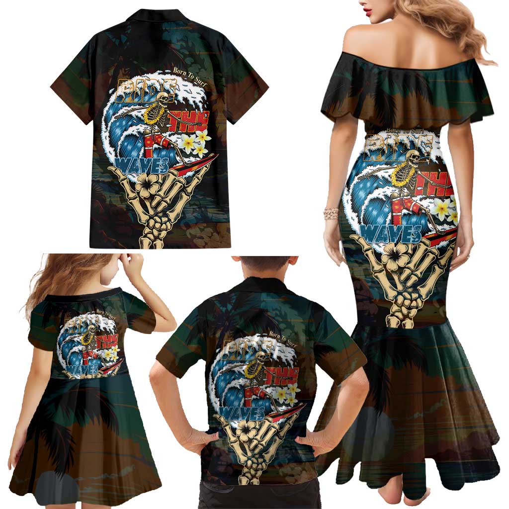Aloha Hawaii Surfing Skull Family Matching Mermaid Dress and Hawaiian Shirt Shaka Skeleton Ride The Waves LT14 - Polynesian Pride