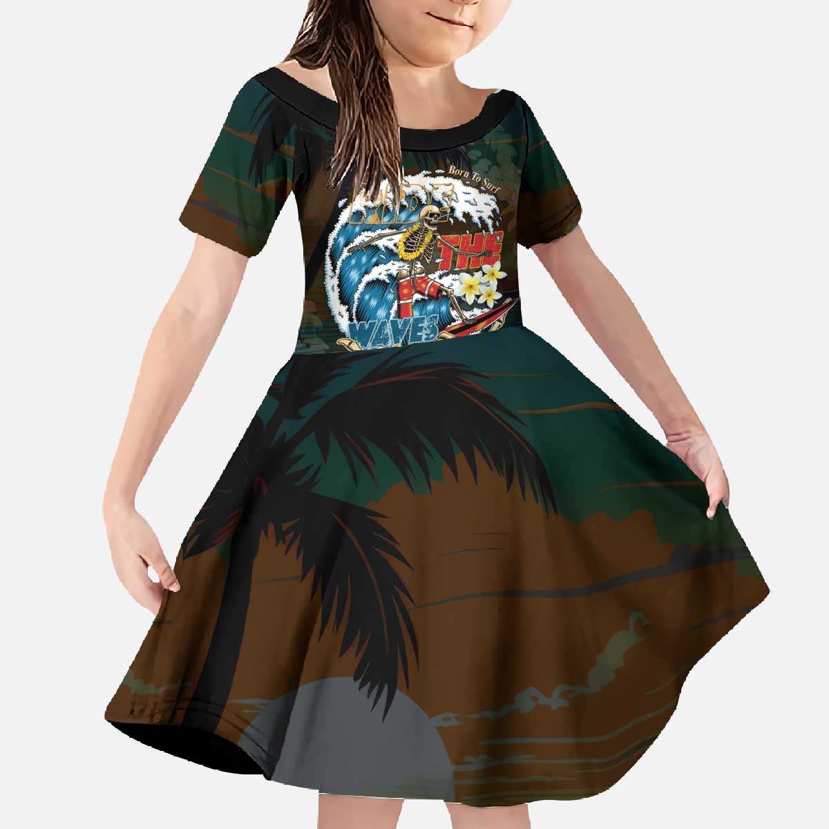 Aloha Hawaii Surfing Skull Family Matching Off The Shoulder Long Sleeve Dress and Hawaiian Shirt Shaka Skeleton Ride The Waves LT14 Daughter's Dress Black - Polynesian Pride