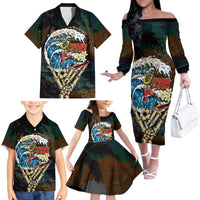 Aloha Hawaii Surfing Skull Family Matching Off The Shoulder Long Sleeve Dress and Hawaiian Shirt Shaka Skeleton Ride The Waves LT14 - Polynesian Pride