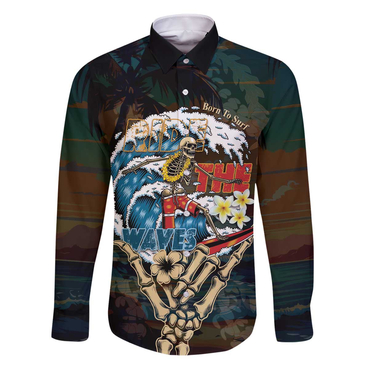 Aloha Hawaii Surfing Skull Family Matching Off The Shoulder Long Sleeve Dress and Hawaiian Shirt Shaka Skeleton Ride The Waves LT14 Dad's Shirt - Long Sleeve Black - Polynesian Pride