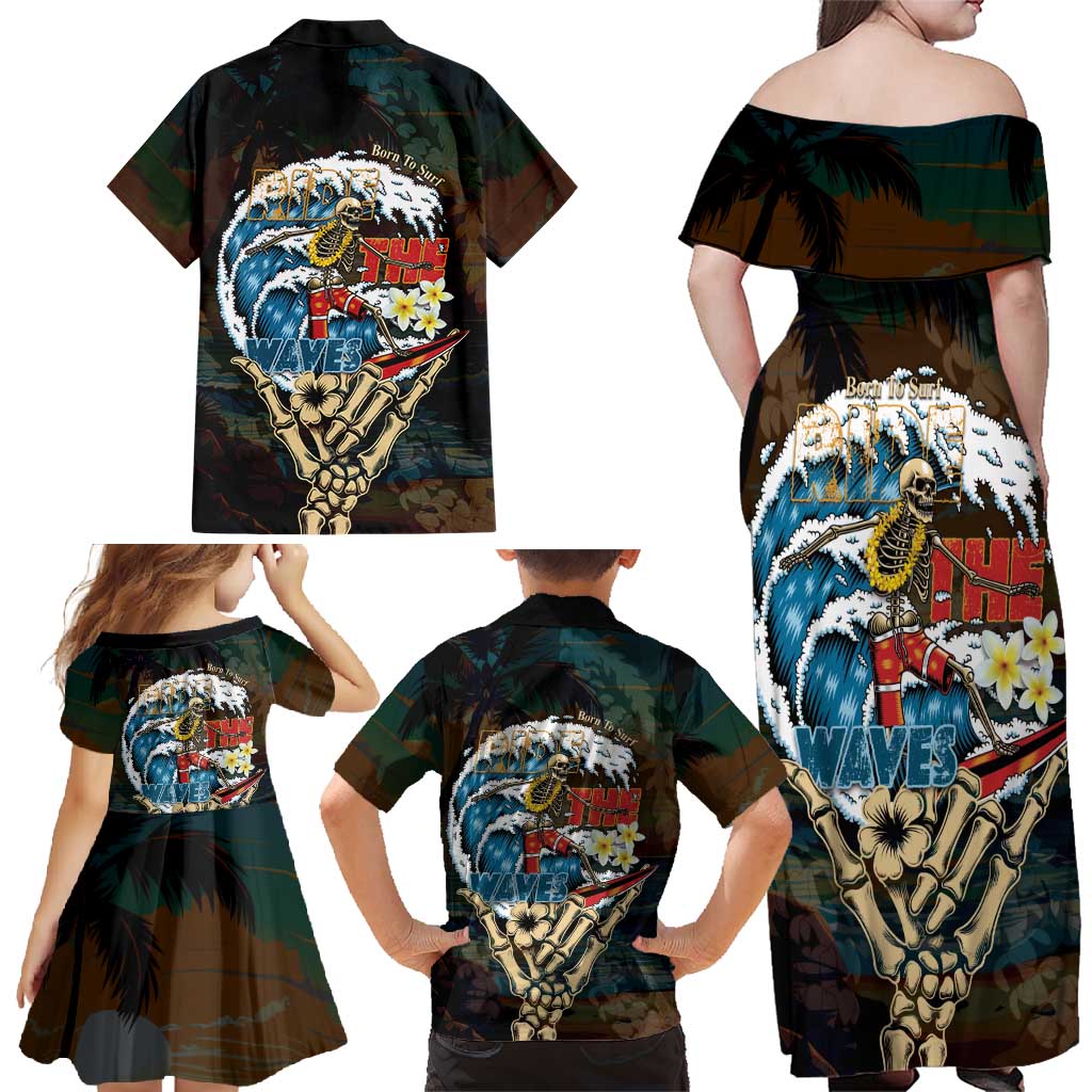 Aloha Hawaii Surfing Skull Family Matching Off Shoulder Maxi Dress and Hawaiian Shirt Shaka Skeleton Ride The Waves LT14 - Polynesian Pride