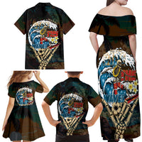 Aloha Hawaii Surfing Skull Family Matching Off Shoulder Maxi Dress and Hawaiian Shirt Shaka Skeleton Ride The Waves LT14 - Polynesian Pride
