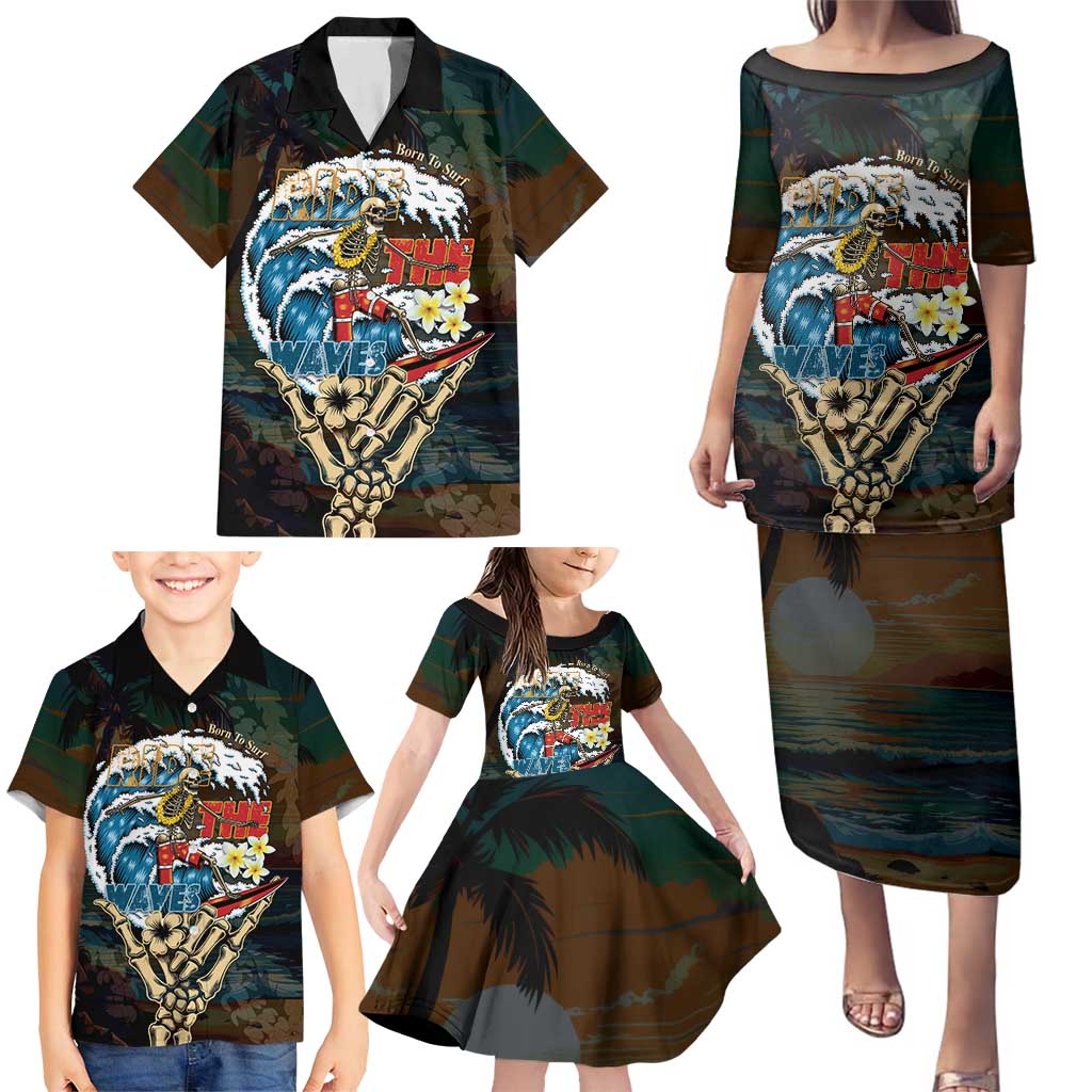 Aloha Hawaii Surfing Skull Family Matching Puletasi and Hawaiian Shirt Shaka Skeleton Ride The Waves LT14 - Polynesian Pride