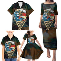 Aloha Hawaii Surfing Skull Family Matching Puletasi and Hawaiian Shirt Shaka Skeleton Ride The Waves LT14 - Polynesian Pride
