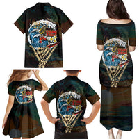 Aloha Hawaii Surfing Skull Family Matching Puletasi and Hawaiian Shirt Shaka Skeleton Ride The Waves LT14 - Polynesian Pride