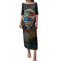 Aloha Hawaii Surfing Skull Family Matching Puletasi and Hawaiian Shirt Shaka Skeleton Ride The Waves LT14 Mom's Dress Black - Polynesian Pride