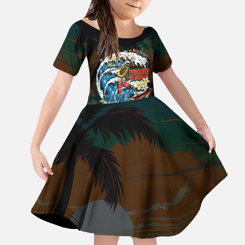 Aloha Hawaii Surfing Skull Family Matching Short Sleeve Bodycon Dress and Hawaiian Shirt Shaka Skeleton Ride The Waves LT14 Daughter's Dress Black - Polynesian Pride