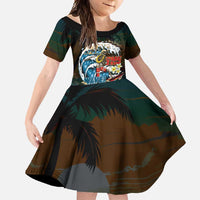 Aloha Hawaii Surfing Skull Family Matching Short Sleeve Bodycon Dress and Hawaiian Shirt Shaka Skeleton Ride The Waves LT14 Daughter's Dress Black - Polynesian Pride