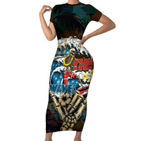 Aloha Hawaii Surfing Skull Family Matching Short Sleeve Bodycon Dress and Hawaiian Shirt Shaka Skeleton Ride The Waves LT14 Mom's Dress Black - Polynesian Pride