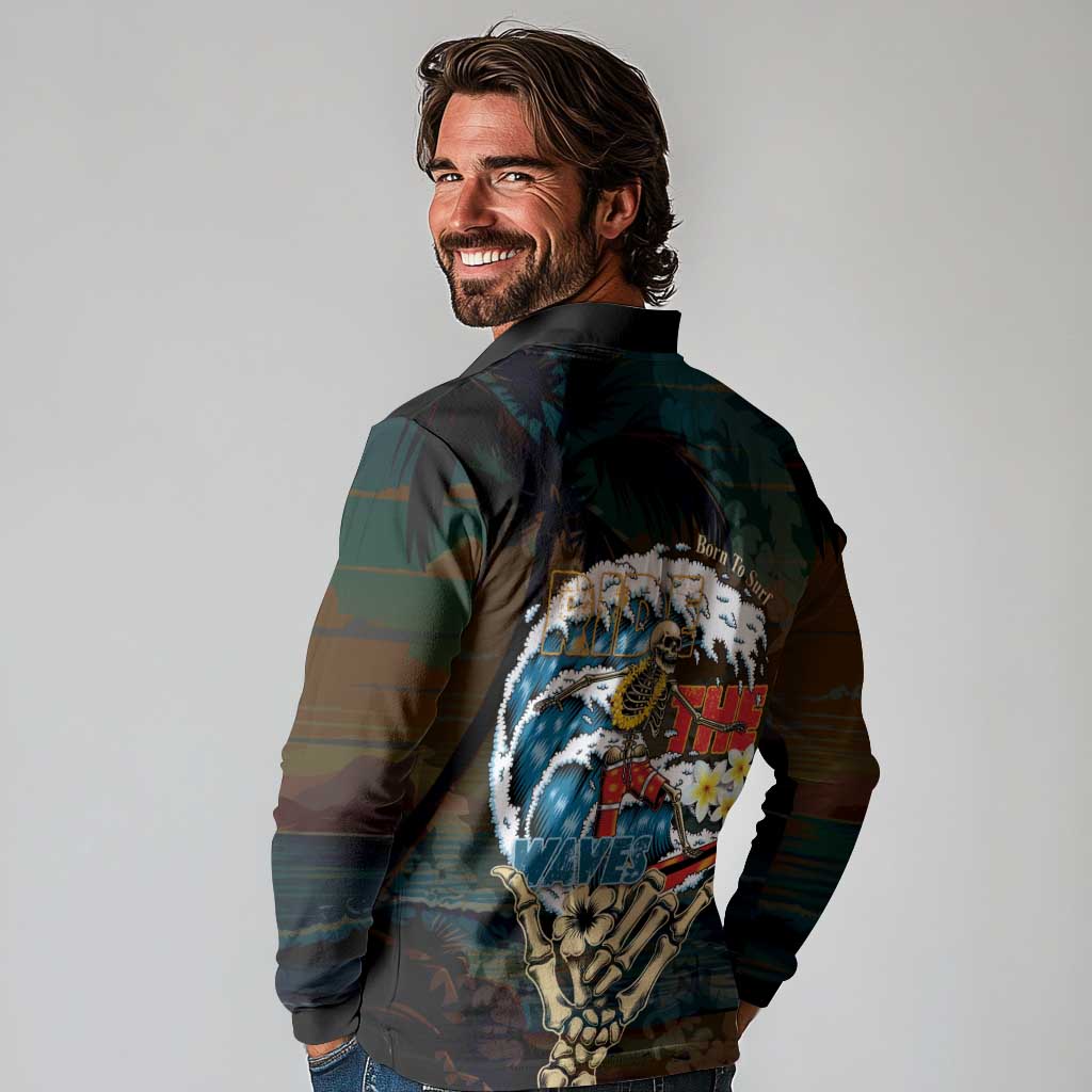 Aloha Hawaii Surfing Skull Long Sleeve Polo Shirt Shaka Skeleton Ride The Waves - Polynesian Pride