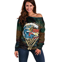 Aloha Hawaii Surfing Skull Off Shoulder Sweater Shaka Skeleton Ride The Waves LT14 Women Black - Polynesian Pride